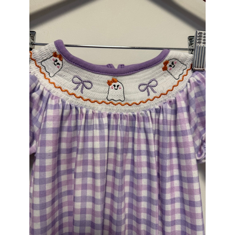 Baby Girl Jumpsuit & Romper 12 M Purple White Gingham Ghost Smocked Embroidered - Picture 5 of 7